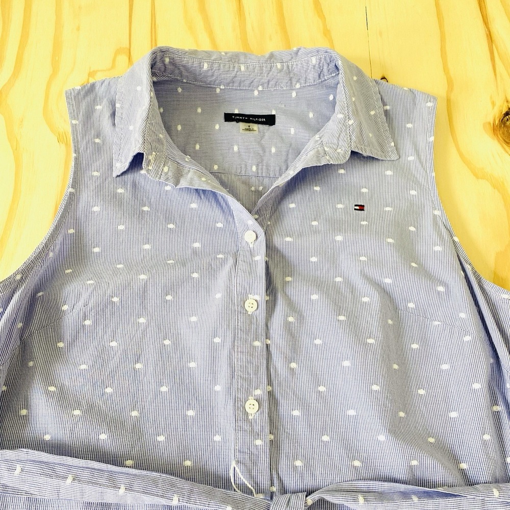 Tommy Hilfiger Blue White Gingham Polka Dot Tie Waist Shirt Dress Size 8 - Picture 5 of 11